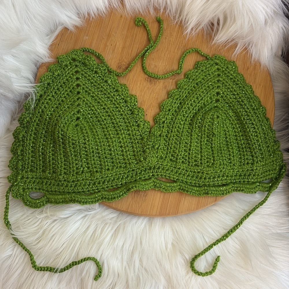 Handmade Cropped Top Crochet Bikini Green Metallic Festival Fashion Small - Picture 7 of 8